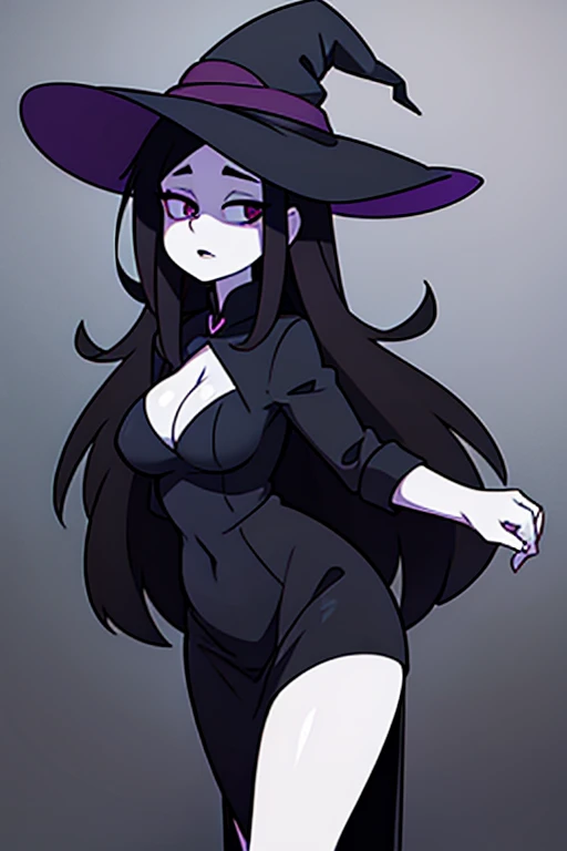 A Busty Witch with Pale Skin, Dark Eyes, and Long Black Hair