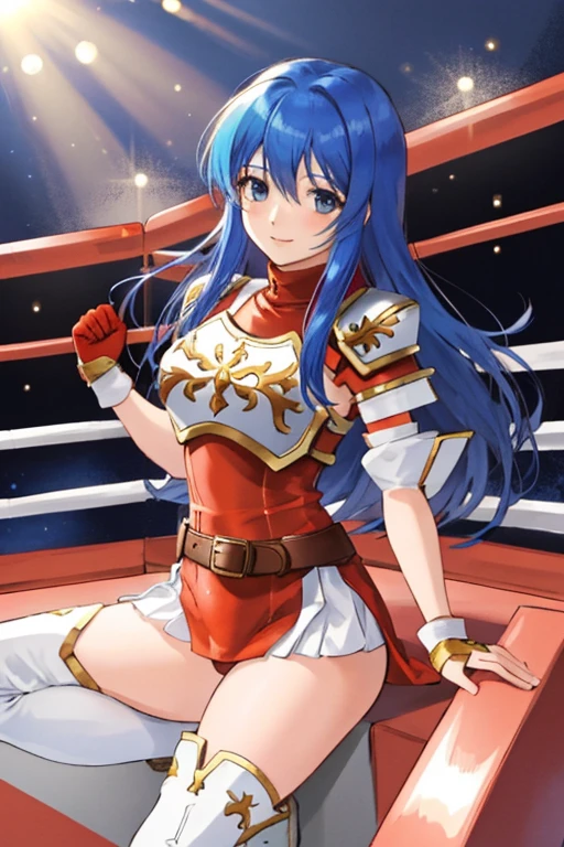 caeda fe, 1girl, solo, looking at viewer, ((Tight leotard)), ((sexy pose)), ((Wrestling ring)), smile, shoulder armor, breastplate, armor, short dress, red dress, thigh boots, cowboy shot, thick thighs, belt