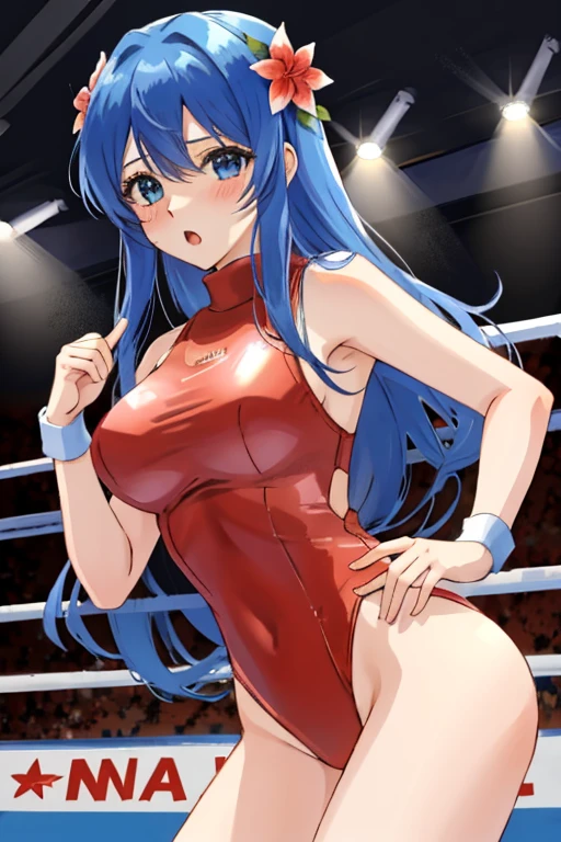 caeda fe, 1girl, solo, looking at viewer, ((Tight leotard)), ((sexy pose)), ((Wrestling ring)), blush, :o, red bikini, cowboy shot, hair flower, ((swimsuit)), large breasts