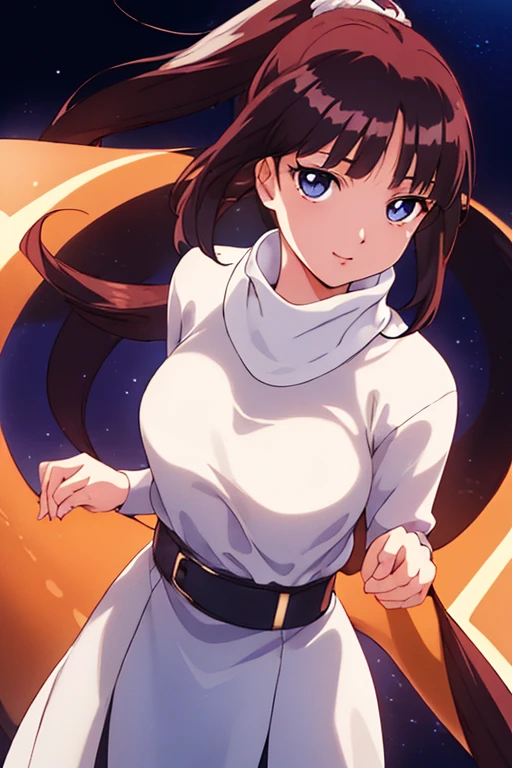 (Night:1.7), Outdoors,Full moon in the sky,dark backgrounds,Starry sky, 
standing at attention,
White turtleneck, White shirt,White long skirt,White belt,
Hair Ornament, hair scrunchie,Low ponytail, 
Long hair,Bangs, Black hair, Blunt bangs,Big blue eyes,
1 girl, 18year old,infp young woman,Beautiful Finger,Beautiful long legs,Beautiful body,Beautiful nose,Beautiful character design, Perfect eyes, Perfect face,Expressive eyes,
Looking at Viewer, In the center of the image,(上半身_Body),(Focus on her face), (Innocent_Big_Eyes:1.0),(light_Smile:0.3),
Official art,Highly detailed CG Unity 8k wallpaper, Perfect Lighting,Colorful, Bright_front_Face_Lighting,
(masutepiece:1.0),(best_quality:1.0), 超A high resolution,4K,Ultra-detailed,
Photography, 8K, nffsw, hight resolution, absurderes:1.2, Kodak Portra 400, Film grain, Blurry background, Bokeh:1.2, Lens Flare, (Vibrant_Color:1.2)
(Beautiful,breasts:1.4), (Beautiful_Face:1.5),(narrow_waist),Background with:a moon