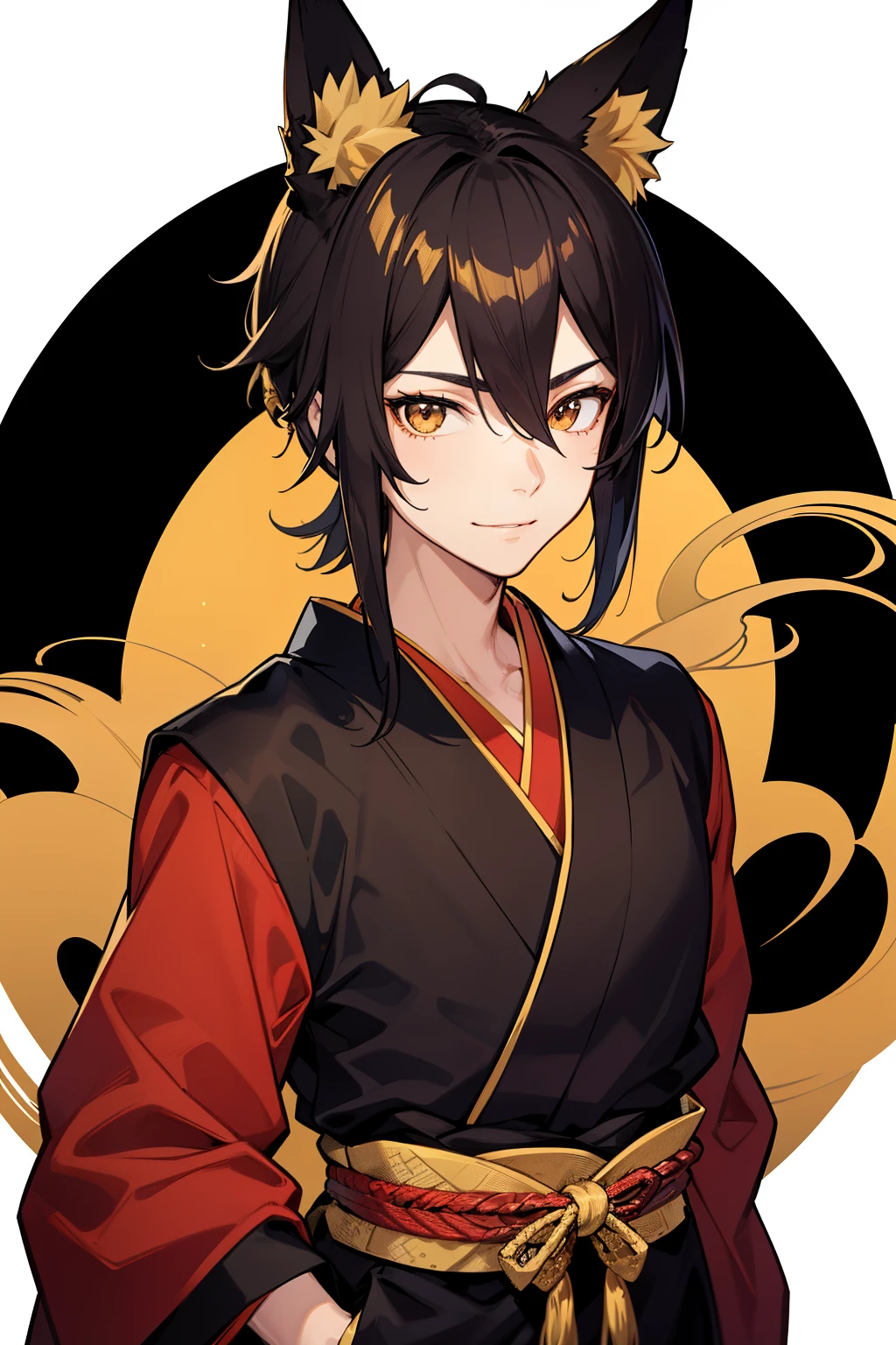 (high-quality, breathtaking),(expressive eyes, perfect face), 1boy, male, solo, young adult, black hair , gold coloured eyes, gentle smile, short hair, loose hair, hair between eyes, japanese clothing, red shirt with a gold and black trim, black pants, brown belt, black fox ears on top of his head, wears a japanese fox mask on the side of his head, patterns on kimono, masculine face, hair covers ears