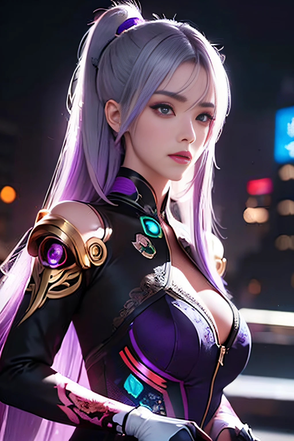 masterpiece, best quality, illustration, beautiful detailed eyes, colorful background, mechanical prosthesis, mecha coverage, emerging dark purple across with white hair, pig tails, disheveled hair, fluorescent purple, cool movement, rose red eyes, beatiful detailed cyberpunk city, multicolored hair, beautiful detailed glow, 1 girl, expressionless, cold expression, insanity, long bangs, long hair, lace, dynamic composition, motion, ultra - detailed, incredibly detailed, a lot of details, amazing fine details and brush strokes, smooth, hd semirealistic anime cg concept art digital painting, cyborg style,