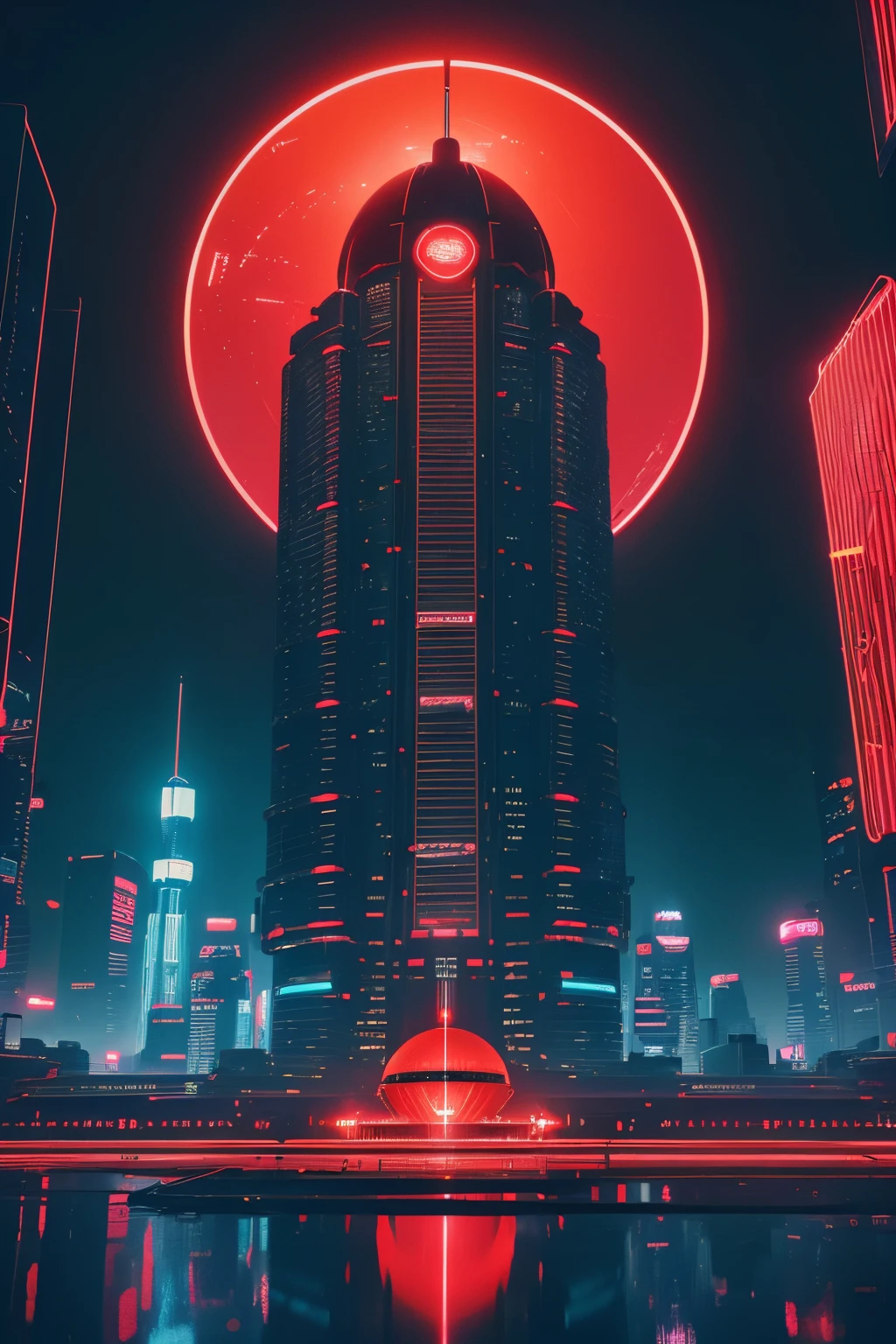 a futuristic digital photo of red skyscraper with a (bright neon-red glass dome), street level-view, dynamic angle, in the style of synthwave, realistic and hyper-detailed renderings, algeapunk, dark and gritty cityscapes, futuristic spacecraft design, long lens, neon lights, bladerunner (Red theme)
