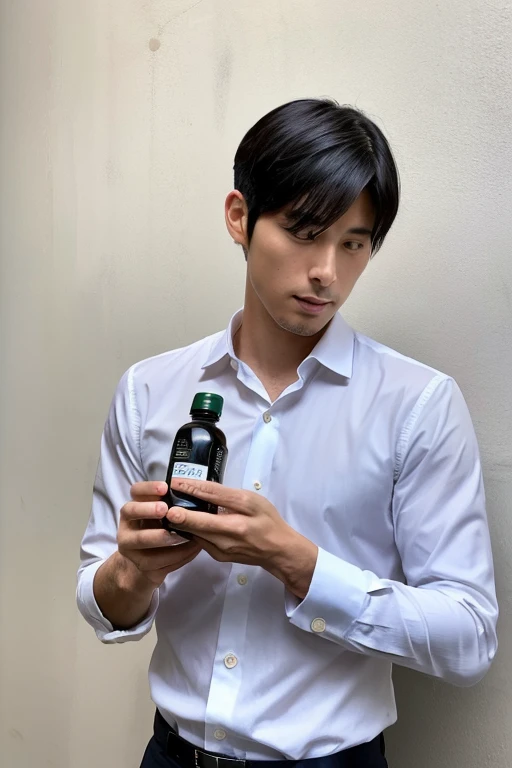 Handsome Japanese man holding a bottle,Upper body portrait,slender