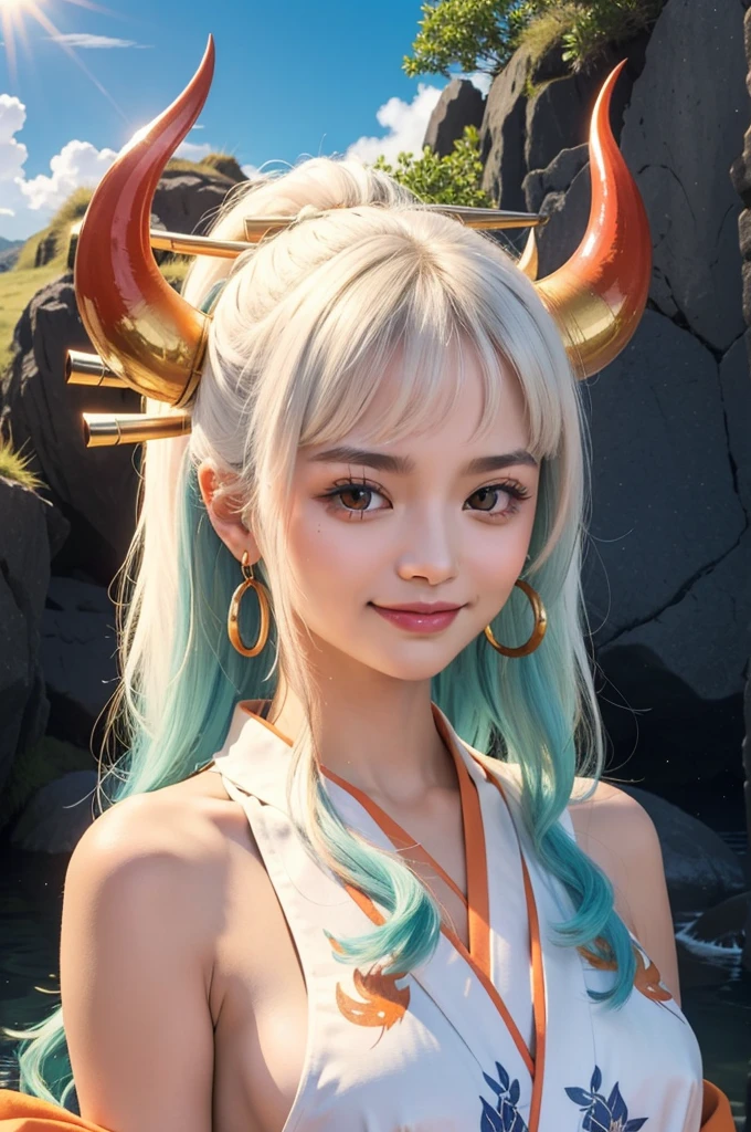 masterpiece, ((ultra detailed background, delicate pattern, intricate detail)), (highly detailed, fine details), best quality,beautiful lighting, (((medium breasts, slim girl, very slim girl))), (close-up, portrait),  YamatoV2, long hair, 1girl, horns, white hair, solo, oni, red horns, curled horns, hair ornament, (multicolored horns), jewelry, earrings, japanese clothes, kimono, hair stick, sleeveless, bare shoulders, aqua hair, sidelocks, hoop earrings, hakama, smile, wide smile, ((orange eyes)), complex detailed background, outside, nature environment, rocks, sunny, blue sky, sky,