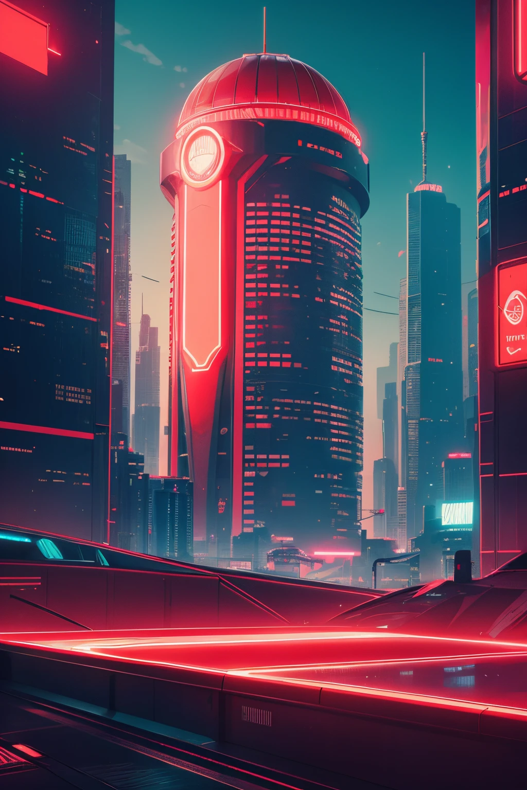 a futuristic digital photo of red skyscraper with a (bright neon-red glass dome), street level-view, dynamic angle, in the style of synthwave, realistic and hyper-detailed renderings, algeapunk, dark and gritty cityscapes, futuristic spacecraft design, long lens, neon lights, bladerunner (Red theme)
