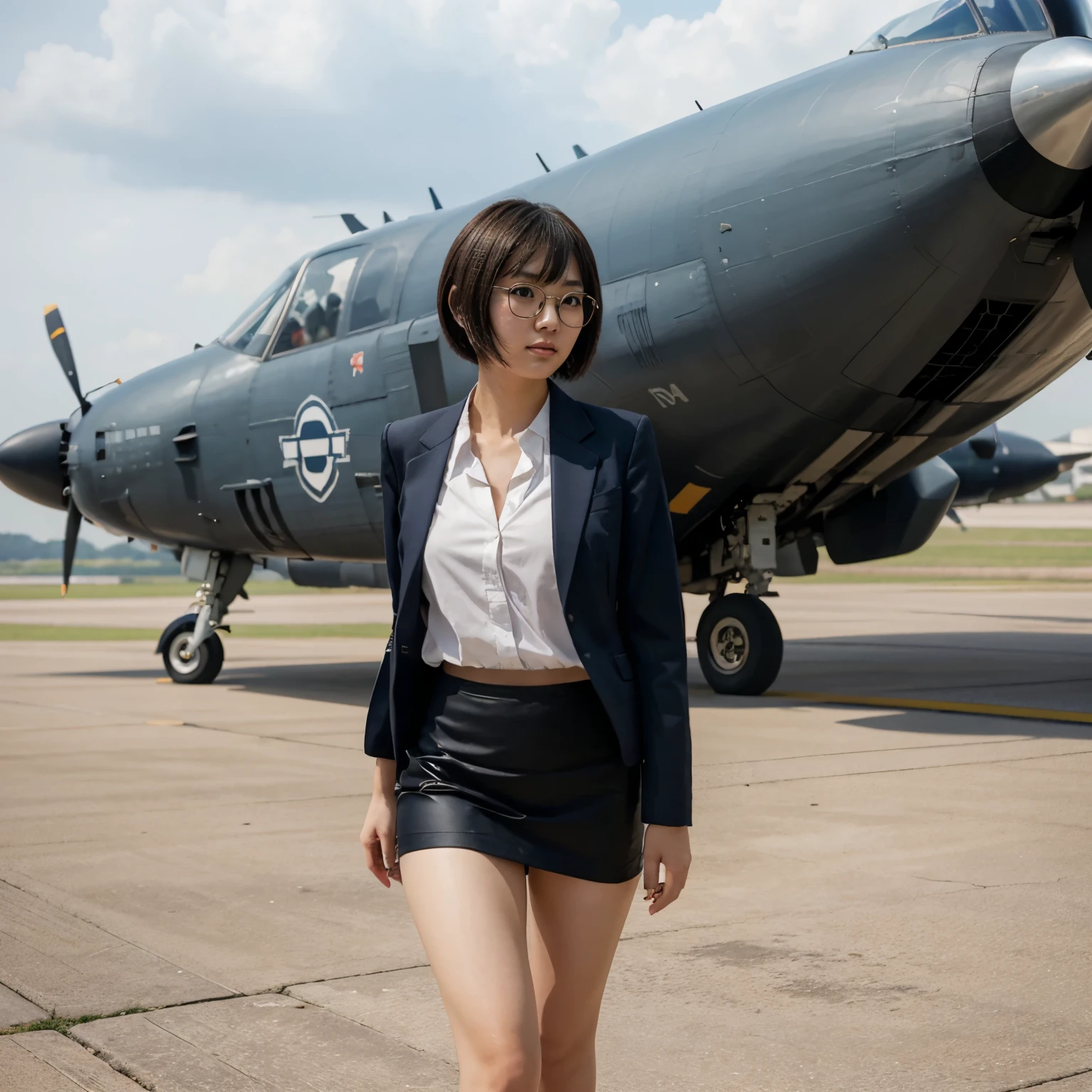Japanese girl, short cut, round glasses, business suit, tight skirt, air force base, runway, outdoor, transport plane, C130