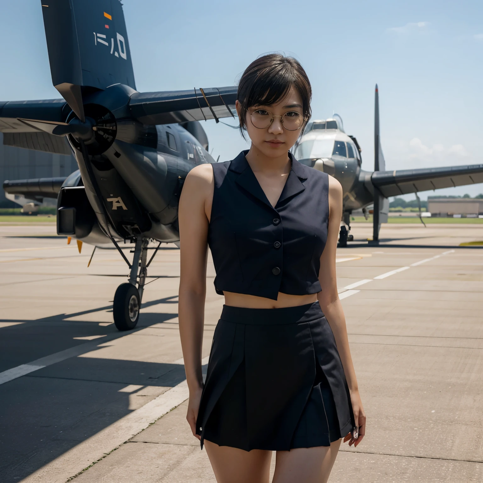 Japanese girl, short cut, round glasses, business suit, tight skirt, air force base, runway, outdoor, transport plane, C130