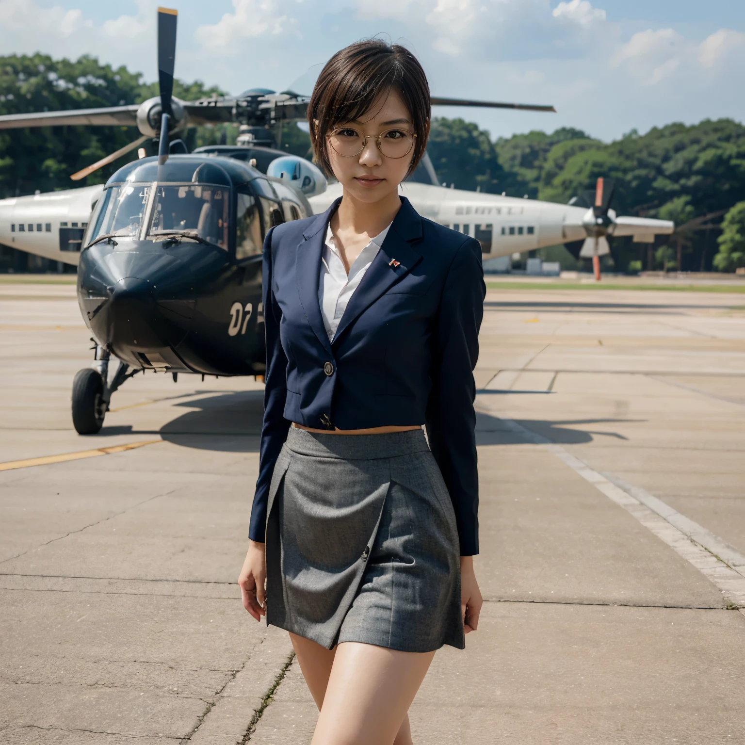 Japanese girl, short cut, round glasses, business suit, tight skirt, air force base, runway, outdoor, transport plane, C130