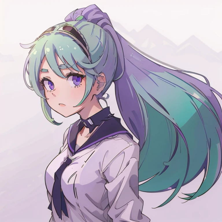 anime school girl, light green hair ponytail , Light purple eyes, White background, upper half body, With ski goggles on my head