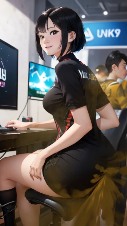 ((velocity)),Attacked by farts, (((Women farting))),(girl farting while seat on seat and drink water from a bottle),smiled,blushing,velocity,(a female pro player), (wearing a e-sport jersey and tight dress),(tighhighs),(sit facing the screen),(her buttt facing the screen) (short hair black hair),(Asian woman),(gaming tournament),(masterpiece:1.2、top-quality)、(the Extremely Detailed CG Unity 8K Wallpapers、ultra-detailliert、Best Shadows)、(细致背景)、(The best lighting、extremely delicate and beautiful)、depth of fields、1girl in、独奏、upward looking gaze、