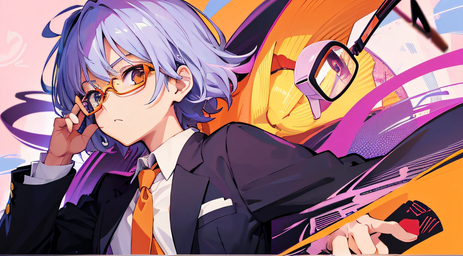 wears glasses、wearing a tie、anime characters wearing shirts, kaworu nagisa, with index finger, !!wears glasses!!, Miss Qianxue, wears glasses, Anime cute art style, by Shitao, wears glasses, By Ei-Q, eye glass, anime style portrait, style of anime&cite;, some orange and purple, !!No glasses