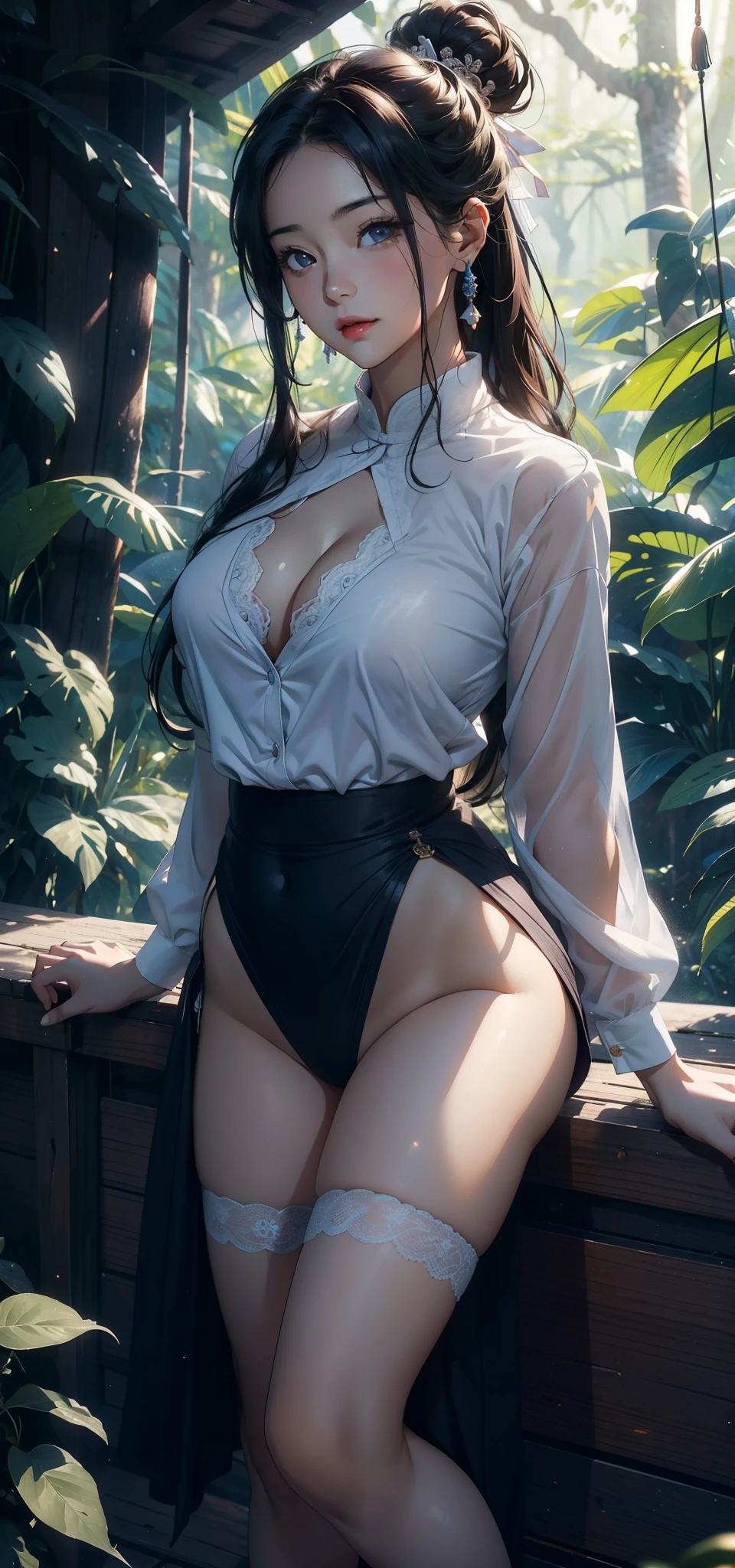 1female,45 yers old,Married woman,熟妇,Large breasts,long leges,big chest and thin waist, photo exposure, 独奏,(Background with:at a forest,the rainforest,in summer) She has long black hair,Redlip,The stands up,seen from the front, hair-bun, The sky is mostly cloudy,(((tmasterpiece),(Very detailed CG unified 8k wallpaper),Best quality,电影灯光,detailed back ground,beautidful eyes,Bright pupils,(very delicate beautiful),(Beautiful and detailed eyes description),ultra - detailed,tmasterpiece,)),facing at the camera,A high resolution,ultra - detailed),Expose breasts exposed,Bare genitals, convex,Camel toes,Raised sexy,pupils(dressed in:Blue school uniform,lace panty,nakeness,badges)a little bit chubby,Excessive