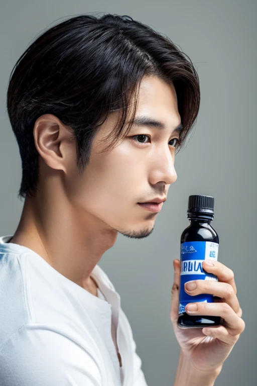 Handsome Japanese man holding a bottle near his face,Upper body portrait,slender,Looking here