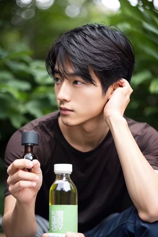 Handsome Japanese man holding a bottle near his face,Upper body portrait,slender,Looking here