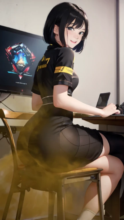 ((velocity)),Attacked by farts, (((Women farting))),(girl farting while seat on seat and playing game on smartphone)),smiled,blushing,velocity,(a female pro player), (wearing a yellow RRQ e-sport jersey and tight dress),(tighhighs),(sit facing the screen),(her buttt facing the screen) (short hair black hair),(Asian woman),(gaming tournament),(masterpiece:1.2、top-quality)、(the Extremely Detailed CG Unity 8K Wallpapers、ultra-detailliert、Best Shadows)、(细致背景)、(The best lighting、extremely delicate and beautiful)、depth of fields、1girl in、独奏、upward looking gaze、