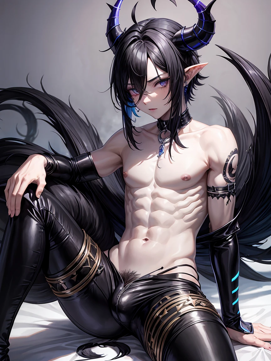 A male Incubus with black hair and black eyes, gray horns and tail, covered in more Blue gems, nsfw