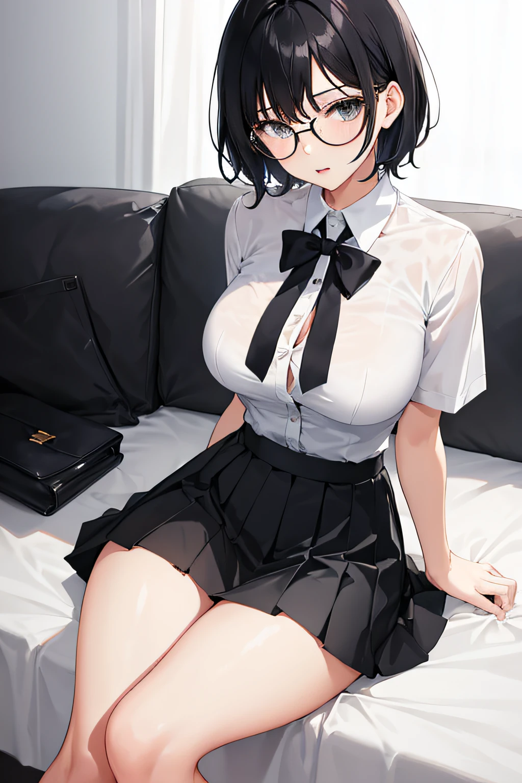 1 girl, (Slim body:1.3), Big breasts, Black hair, Short hair, White shirt, Pleated skirt, Black tights, Glasses,
