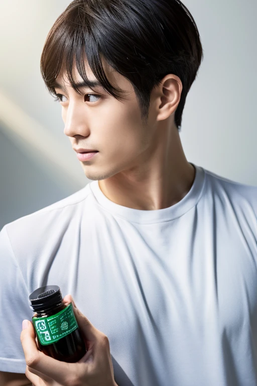 Handsome Japanese man holding a bottle near his face,Upper body portrait,slender,Looking at the front