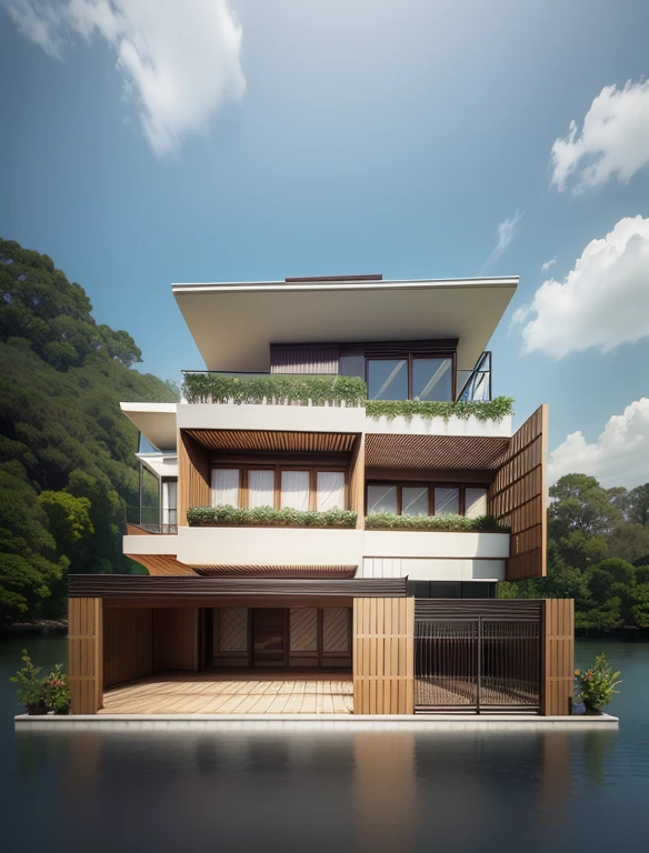 Casa de alvenaria, estilo escandinavo, telhado com telhas ceramicas portuguesas, no meio da floresta, renderizacao lumion pro, Jardinß Around, qualidade ci ematografica, iluminacao noturna