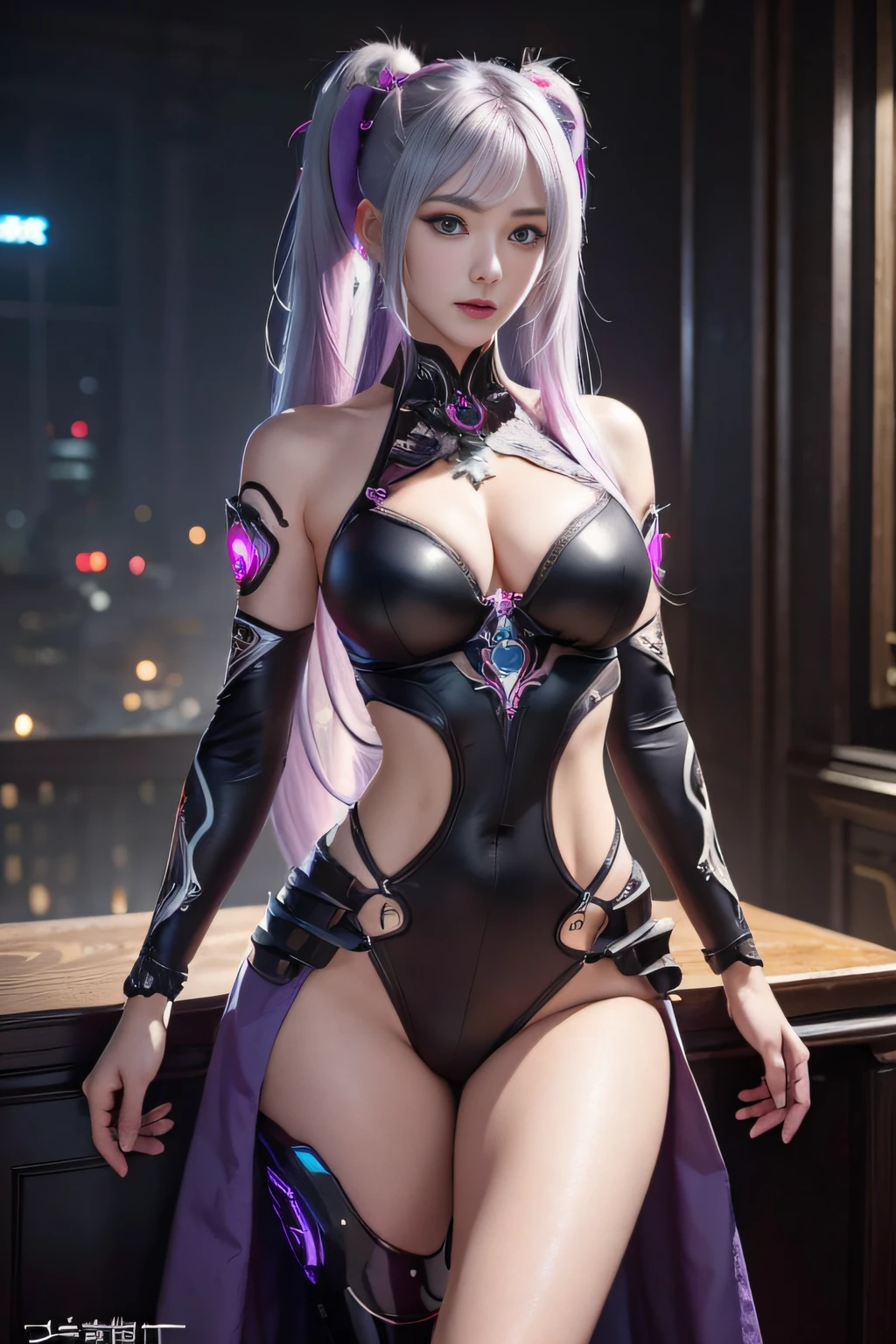 masterpiece, best quality, illustration, beautiful detailed eyes, colorful background, mechanical prosthesis, mecha coverage, emerging dark purple across with white hair, pig tails, disheveled hair, fluorescent purple, cool movement, rose red eyes, beatiful detailed cyberpunk city, multicolored hair, beautiful detailed glow, 1 girl, expressionless, cold expression, insanity, long bangs, long hair, lace, dynamic composition, motion, ultra - detailed, incredibly detailed, a lot of details, amazing fine details and brush strokes, smooth, hd semirealistic anime cg concept art digital painting, cyborg style,