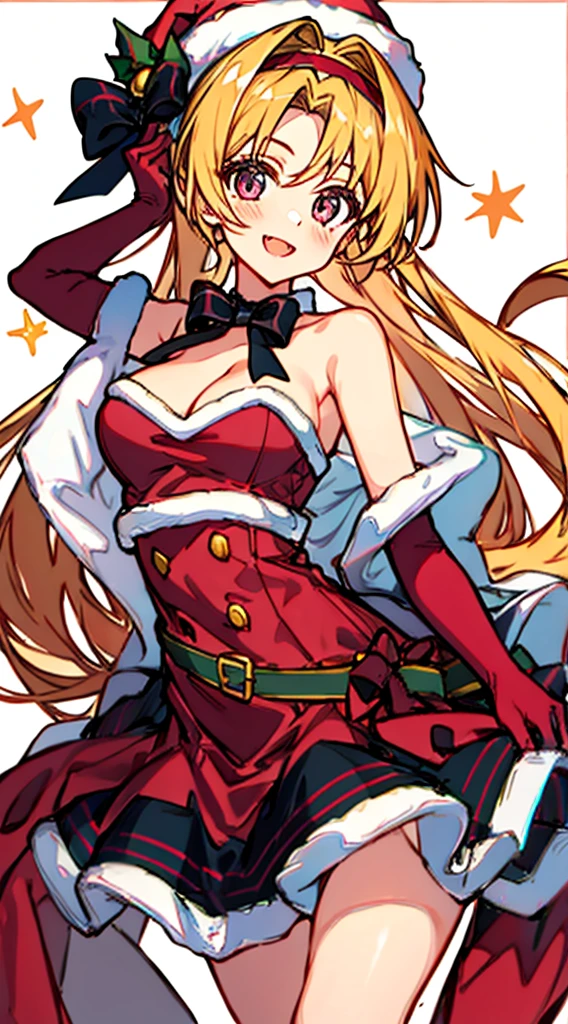 full_body, perfect_anatomy, hands_perfect, beautiful_skin_x4, dynamic_lighting, shadow_blurringx4, perfect_hands, fine_fingers, erotically_cute, masterpiece, looking at viewer,1girl :d aged_up arm_at_side bare_shoulders bell black_gloves blonde_hair blush bow bowtie breasts christmas cleavage clenched_hand commentary_request cowboy_shot dress elbow_gloves eyelashes eyes_visible_through_hair fang fur-trimmed_dress fur-trimmed_gloves fur-trimmed_headwear fur_trim gloves green_bow green_bowtie hair_between_eyes hairband hand_up happy hat highres higurashi_no_naku_koro_ni higurashi_no_naku_koro_ni_mei houjou_satoko looking_at_viewer making-of_available medium_breasts mini_hat mini_top_hat neck_bell open_mouth pink_eyes red_hairband red_headwear santa_dress santa_gloves short_hair simple_background skin_fang smile solo standing strapless strapless_dress suzuragi_karin top_hat white_background white_fur
