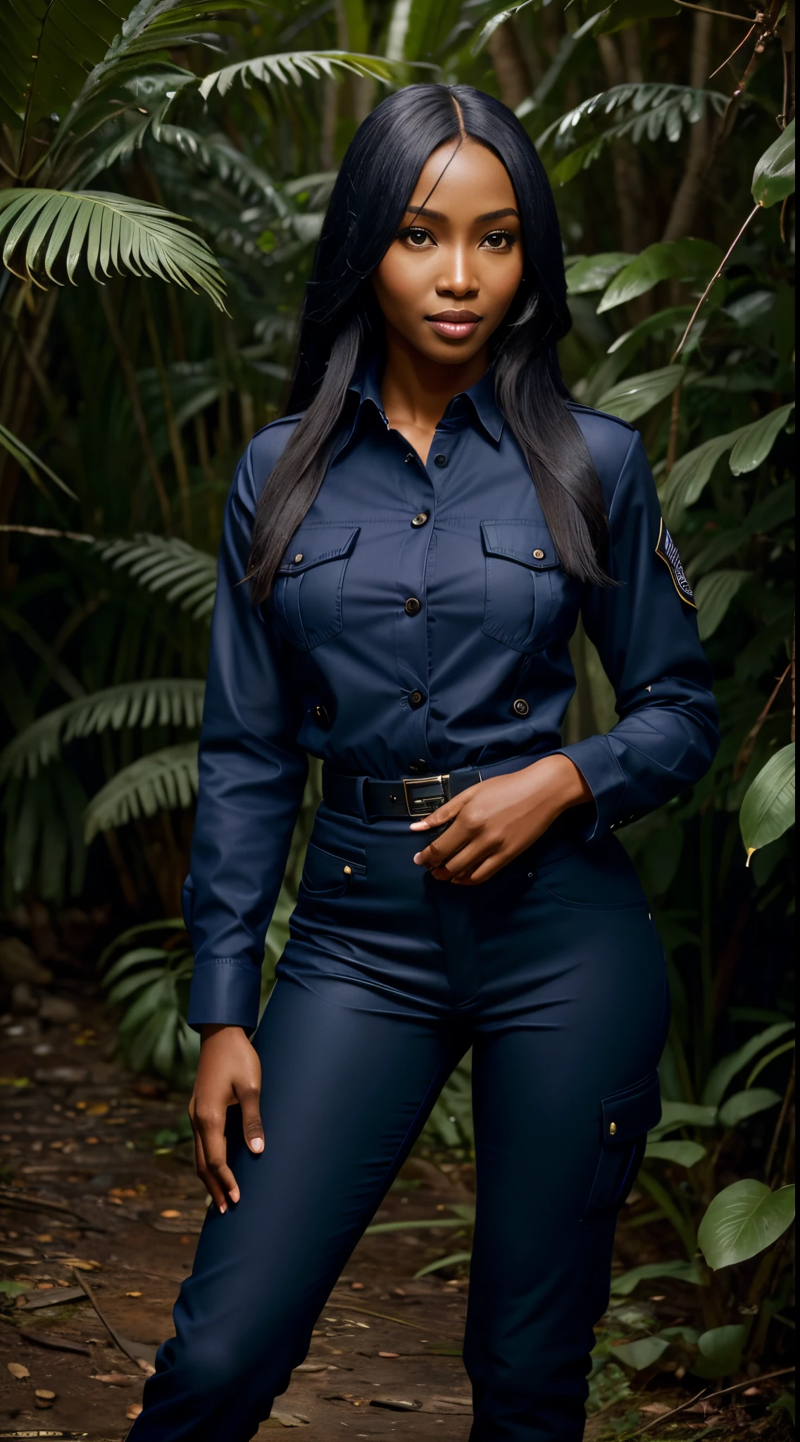 Foto hiperrealista en primer plano de Naomi Campbell, masterpiece, best quality, (photorealistic:1.4), full body, (navy blue button-up shirt:1.2), (navy blue uniform jacket:1.2), (navy blue tactical pants:1.2), Black knee high boots, in the jungle,  cinematic light, beautiful woman, skinny, medium breasts, black long hair, detailed face, smile, facing the camera, photo taken from a distance, age of 14 years old