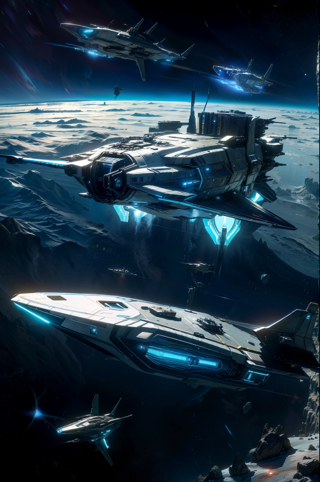 a futuristic starship flying over a watery landscape on a planet sized ship with its lights on, no humans, watercraft, ship, warship, military, spacecraft, military vehicle,more_details:-1, more_details:0, more_details:0.5, more_details:1, more_details:1.5