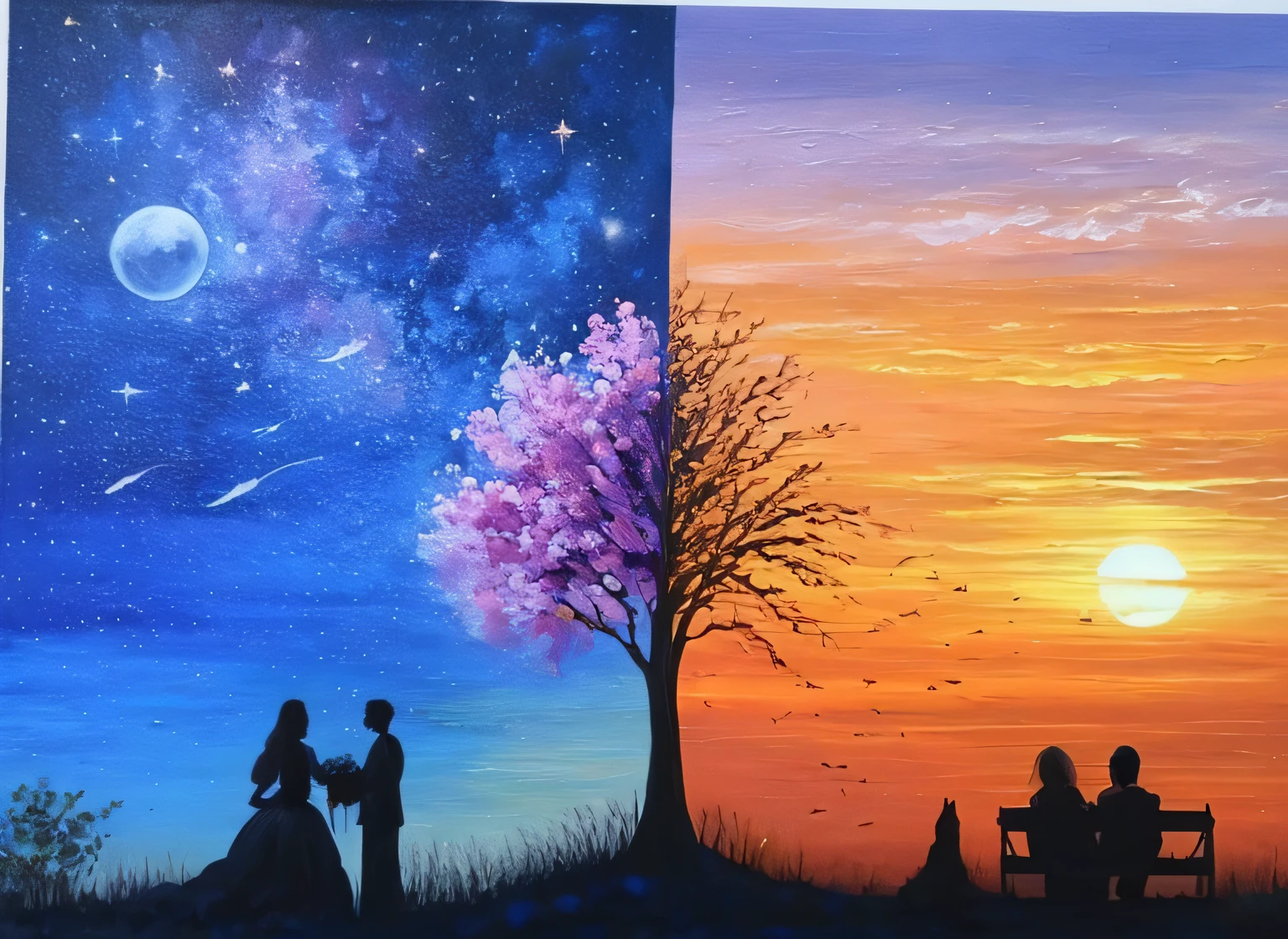 painting of a couple and their dog at sunset and a tree, romantic painting, Pintura em tela, acrylic painting, acrylic canvas, art painting, acrylic paint on canvas, Painting of a dreamlike landscape, a pintura ganha vida, arte bonita, pintura sobre tela, Detailed acrylic painting, Paiting, incredible painting, pintura sobre tela preta, incredible painting, dream scenery art, acrylic art.Lado esquerdo um casal de adultos sentados vendo a lua.No lado direito um casal de crianas vendo o nascer do sol setadas na grama.Contorno.