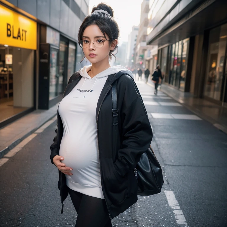 Pregnant women have a large belly, cabelos preto e longos, wearing a hoody ，The white, Her hair is tied into a black ponytail, wears glasses, and carrying a backpack, walking at street. (Best quality, 4K, 8K, A high resolution, tmasterpiece:1.2