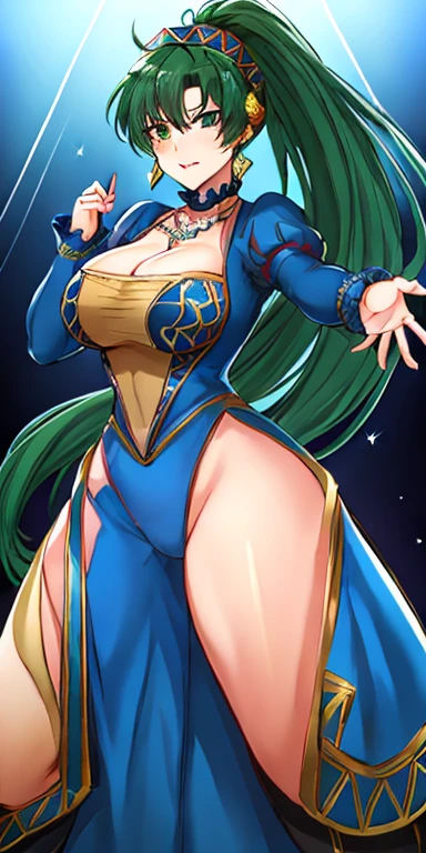 lyndis, huge_breasts, standing, solo, Blue_long_dress_Juliet_sleeves_Blue_choker_Headdress_Yellow_underbust,, masterpiece, best quality, detailed face, detailed eyes, highres, ((Tight leotard)), ((sexy pose)), ((Wrestling ring))