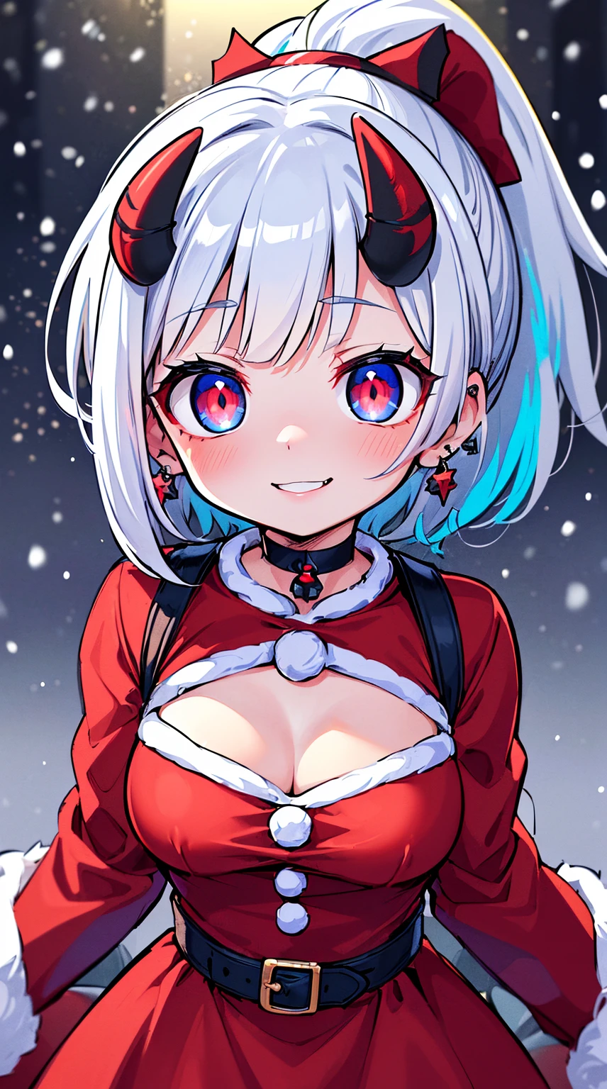 ((( (Winter background), (Snowing), (Christmas theme), (Slutty Santa outfit), ))) BLACKLIGHT, ((NSFW)), ((Medium Boobs)), realistic art, extremely delicate and beautiful, ultra-detailed, (1girl), ((Blue eyes)), floating, detailed light, illustration, dynamic angle, depth of field, ((((milf)))), girly, ((Blue and White hair, multicoloured hair, Blue highlights hair, (Ponytail), hair ornament, hair flower, flower, makeup, braid, smile)), demon eyes, fangs, pale white skin, (((best quality, tall girl, (skindentation), (blur background:0.6), (casual yet stylish, ((Demon Horns)), ), gorgeous, (short hair:1.5), soft lighting, wind, (front light:1.5), surprised, choker, smile, jewelry, earrings))), (ultra high res, best quality,), (8k, raw photo, best quality, masterpiece), technological sense, best quality, masterpiece, illustration,CG ,unity ,wallpaper, official art, Amazing, finely detail, an extremely delicate and beautiful,extremely detailed, highly detailed, sharp focus,rich background, (real person,photograph), ((high detailed skin)), ((( , (crazy eyes:1.3), (wide-eyed:1.2), (glowing eyes), (Demon) ))), (((a close up of a person with a weird face and nails, gothic maiden anime girl, gothic - cyberpunk, cyberpunk horror style, gothic art style, detailed digital anime art, gothic art, demon anime girl, gothic girl face, anime style 4 k, dark art style, anime cyberpunk art, gothic aesthetic, 18 - year - old anime goth girl, gothic horror vibes)))