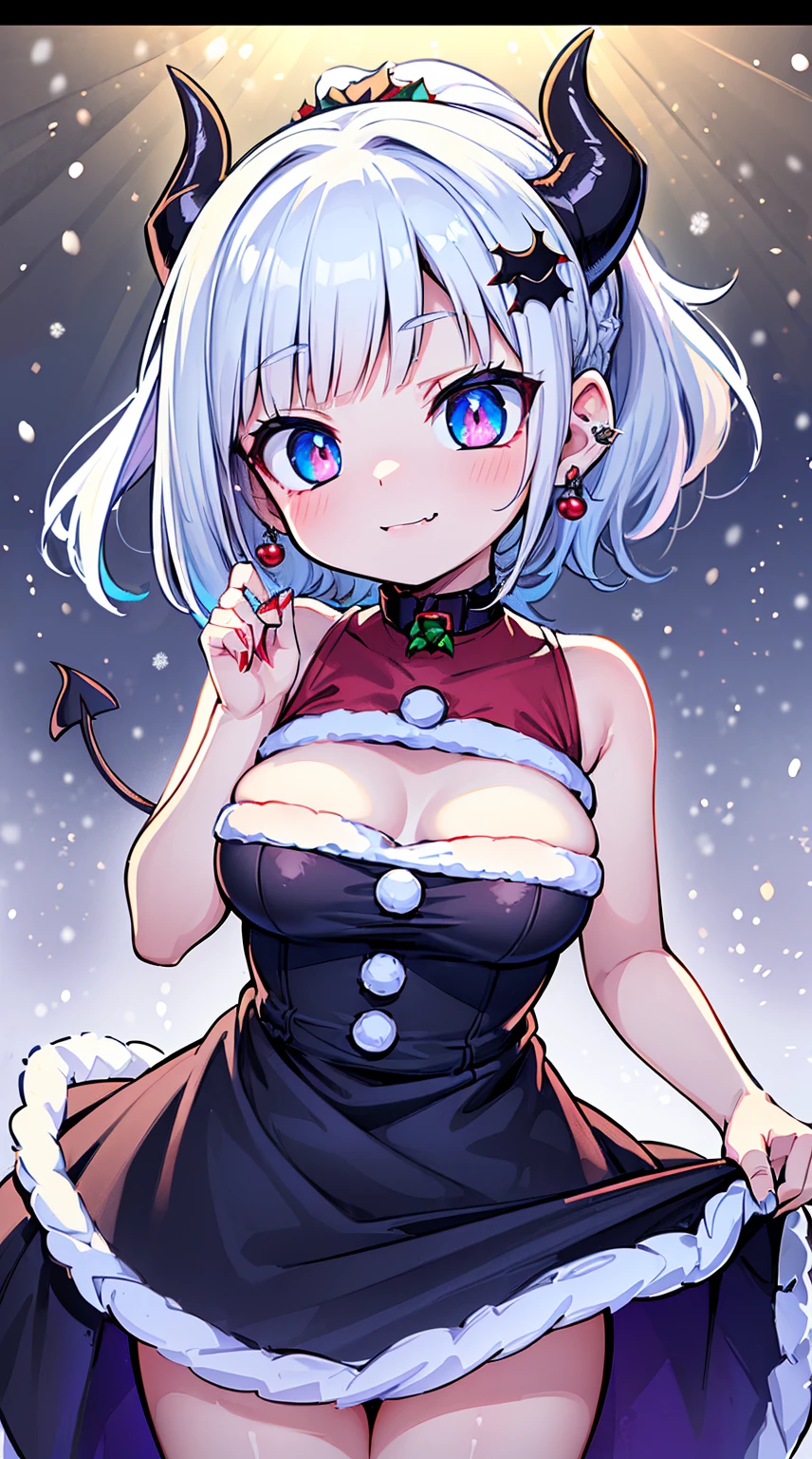 ((( (Winter background), (Snowing), (Christmas theme), (Slutty Santa outfit), ))) BLACKLIGHT, ((NSFW)), ((Medium Boobs)), realistic art, extremely delicate and beautiful, ultra-detailed, (1girl), ((Blue eyes)), floating, detailed light, illustration, dynamic angle, depth of field, ((((milf)))), girly, ((Blue and White hair, multicoloured hair, Blue highlights hair, (Ponytail), hair ornament, hair flower, flower, makeup, braid, smile)), demon eyes, fangs, pale white skin, (((best quality, tall girl, (skindentation), (blur background:0.6), (casual yet stylish, ((Demon Horns)), ), gorgeous, (short hair:1.5), soft lighting, wind, (front light:1.5), surprised, choker, smile, jewelry, earrings))), (ultra high res, best quality,), (8k, raw photo, best quality, masterpiece), technological sense, best quality, masterpiece, illustration,CG ,unity ,wallpaper, official art, Amazing, finely detail, an extremely delicate and beautiful,extremely detailed, highly detailed, sharp focus,rich background, (real person,photograph), ((high detailed skin)), ((( , (crazy eyes:1.3), (wide-eyed:1.2), (glowing eyes), (Demon) ))), (((a close up of a person with a weird face and nails, gothic maiden anime girl, gothic - cyberpunk, cyberpunk horror style, gothic art style, detailed digital anime art, gothic art, demon anime girl, gothic girl face, anime style 4 k, dark art style, anime cyberpunk art, gothic aesthetic, 18 - year - old anime goth girl, gothic horror vibes)))