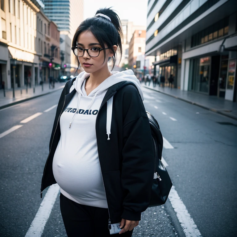 Pregnant women have a large belly, cabelos preto e longos, wearing a hoody ,The white, Her hair is tied into a black ponytail, wears glasses, And with a backpack on his back, walking at street. (Best quality at best, 4K, 8K, A high resolution, tmasterpiece:1.2