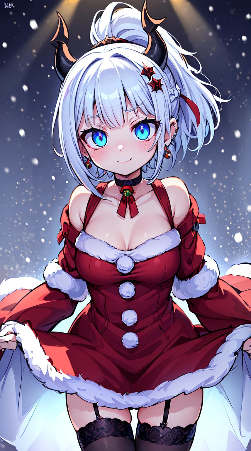 ((( (Winter background), (Snowing), (Christmas theme), (Slutty Santa outfit), ))) BLACKLIGHT, ((NSFW)), ((Medium Boobs)), realistic art, extremely delicate and beautiful, ultra-detailed, (1girl), ((Blue eyes)), floating, detailed light, illustration, dynamic angle, depth of field, ((((milf)))), girly, ((Blue and White hair, multicoloured hair, Blue highlights hair, (Ponytail), hair ornament, hair flower, flower, makeup, braid, smile)), demon eyes, fangs, pale white skin, (((best quality, tall girl, (skindentation), (blur background:0.6), (casual yet stylish, ((Demon Horns)), ), gorgeous, (short hair:1.5), soft lighting, wind, (front light:1.5), surprised, choker, smile, jewelry, earrings))), (ultra high res, best quality,), (8k, raw photo, best quality, masterpiece), technological sense, best quality, masterpiece, illustration,CG ,unity ,wallpaper, official art, Amazing, finely detail, an extremely delicate and beautiful,extremely detailed, highly detailed, sharp focus,rich background, (real person,photograph), ((high detailed skin)), ((( , (crazy eyes:1.3), (wide-eyed:1.2), (glowing eyes), (Demon) ))), (((a close up of a person with a weird face and nails, gothic maiden anime girl, gothic - cyberpunk, cyberpunk horror style, gothic art style, detailed digital anime art, gothic art, demon anime girl, gothic girl face, anime style 4 k, dark art style, anime cyberpunk art, gothic aesthetic, 18 - year - old anime goth girl, gothic horror vibes)))