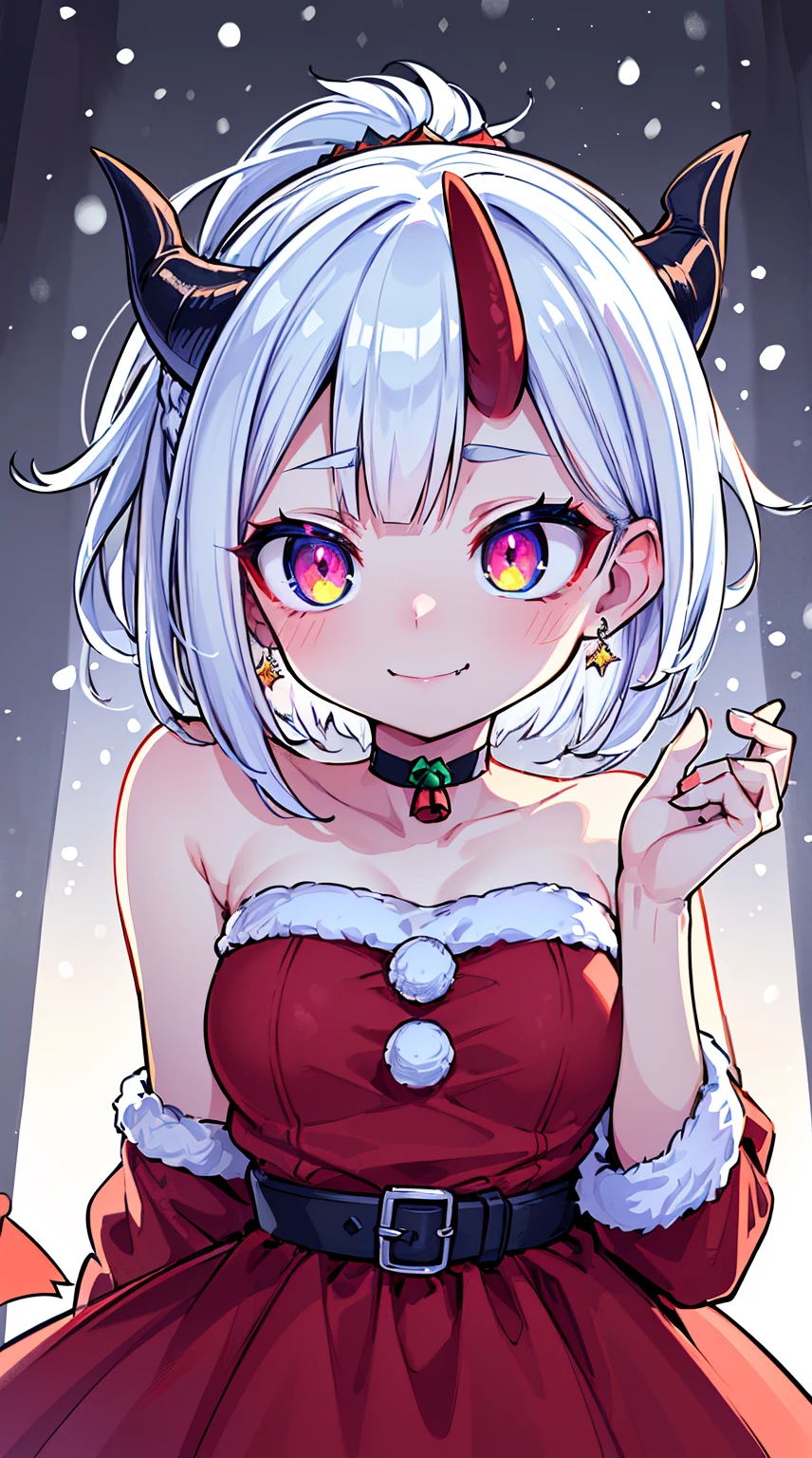 ((( (Winter background), (Snowing), (Christmas theme), (Slutty Santa outfit), ))) BLACKLIGHT, ((NSFW)), ((Medium Boobs)), realistic art, extremely delicate and beautiful, ultra-detailed, (1girl), ((Blue eyes)), floating, detailed light, illustration, dynamic angle, depth of field, ((((milf)))), girly, ((Blue and White hair, multicoloured hair, Blue highlights hair, (Ponytail), hair ornament, hair flower, flower, makeup, braid, smile)), demon eyes, fangs, pale white skin, (((best quality, tall girl, (skindentation), (blur background:0.6), (casual yet stylish, ((Demon Horns)), ), gorgeous, (short hair:1.5), soft lighting, wind, (front light:1.5), surprised, choker, smile, jewelry, earrings))), (ultra high res, best quality,), (8k, raw photo, best quality, masterpiece), technological sense, best quality, masterpiece, illustration,CG ,unity ,wallpaper, official art, Amazing, finely detail, an extremely delicate and beautiful,extremely detailed, highly detailed, sharp focus,rich background, (real person,photograph), ((high detailed skin)), ((( , (crazy eyes:1.3), (wide-eyed:1.2), (glowing eyes), (Demon) ))), (((a close up of a person with a weird face and nails, gothic maiden anime girl, gothic - cyberpunk, cyberpunk horror style, gothic art style, detailed digital anime art, gothic art, demon anime girl, gothic girl face, anime style 4 k, dark art style, anime cyberpunk art, gothic aesthetic, 18 - year - old anime goth girl, gothic horror vibes)))