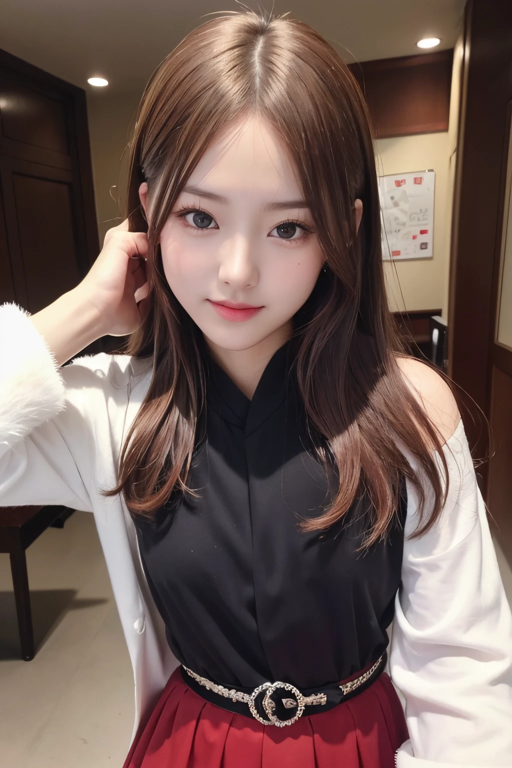 masterpiece, The highest image quality, hightquality, beautiful a girl, japanes, Japan schoolgirl, Popular Korean Makeup,Dressed in Santa Claus costume、 detaileds, Swollen eyes, A detailed eye, Detailed skin, Beautiful skins, 超A high resolution, (现实:1.4), very extremely beautiful, Slightly younger face, Beautiful skins, slender, (A hyper-realistic), (hight resolution), (8K), (beautifully detailed eyes), (ultra-detailliert), (wall-paper), (详细的脸), looking at the viewers, finely detail、A detailed face、pureerosfaceace_v1、A smile、Looking straight ahead、Looking straight ahead、angle from waist up、photos realistic、Bright lighting、length hair、Winter City