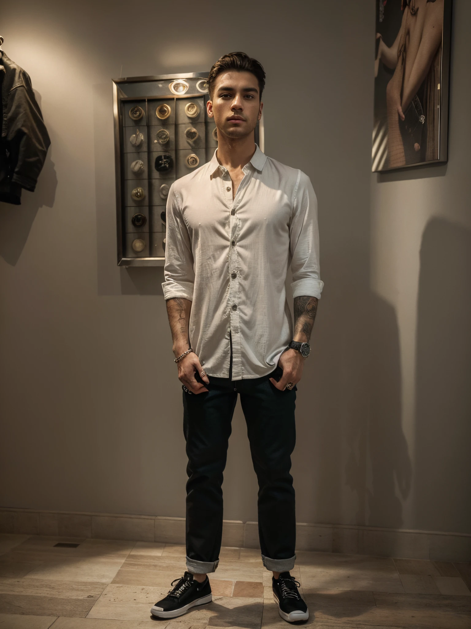 (best quality,4k,8k,highres,masterpiece:1.2),ultra-detailed,(realistic,photorealistic,photo-realistic:1.37),man with cool clothes and watch on hand,stylish outfit,fashionable attire,modern style,trendy appearance,sleek design,(elegant,elevated,expensive:1.1) wristwatch,refined timepiece,fashion statement,attention-grabbing accessories, confident posture,sharp facial features,intense gaze,casual yet classy look,colorful background, vibrant atmosphere,stunning lighting,energetic vibe