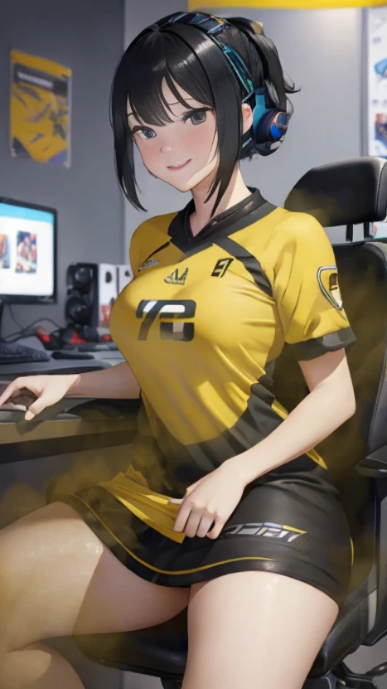 ((velocity)),Attacked by farts, (((Women farting))),(girl farting while seat on seat and playing game on smartphone)),smiled,blushing,velocity,(a female pro player), (wearing a yellow e-sport jersey and tight dress),(tighhighs),(sit facing the screen),(her buttt facing the screen) (short hair black hair),(Asian woman),(gaming tournament),(masterpiece:1.2、top-quality)、(the Extremely Detailed CG Unity 8K Wallpapers、ultra-detailliert、Best Shadows)、(细致背景)、(The best lighting、extremely delicate and beautiful)、depth of fields、1girl in、独奏、upward looking gaze、