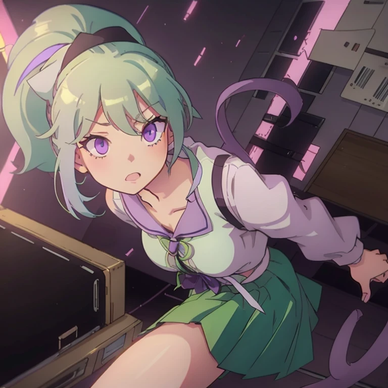 anime school girl, light green hair ponytail , Light purple eyes, Falling while chasing a cat
