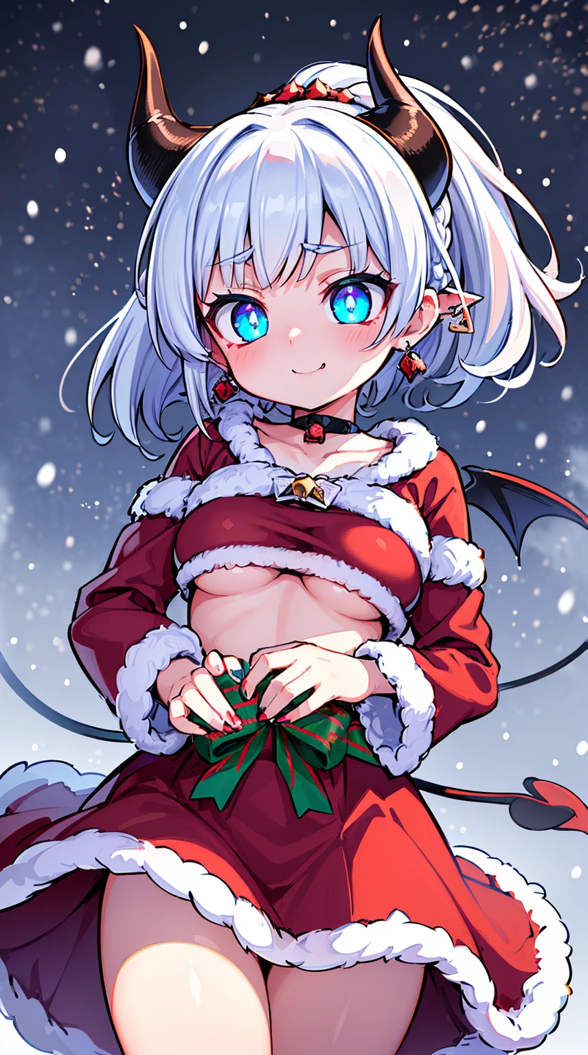 ((( (Winter background), (Snowing), (Christmas theme), (Slutty Santa outfit), ))) BLACKLIGHT, ((NSFW)), ((Medium Boobs)), realistic art, extremely delicate and beautiful, ultra-detailed, (1girl), ((Blue eyes)), floating, detailed light, illustration, dynamic angle, depth of field, ((((milf)))), girly, ((Blue and White hair, multicoloured hair, Blue highlights hair, (Ponytail), hair ornament, hair flower, flower, makeup, braid, smile)), demon eyes, fangs, pale white skin, (((best quality, tall girl, (skindentation), (blur background:0.6), (casual yet stylish, ((Demon Horns)), ), gorgeous, (short hair:1.5), soft lighting, wind, (front light:1.5), surprised, choker, smile, jewelry, earrings))), (ultra high res, best quality,), (8k, raw photo, best quality, masterpiece), technological sense, best quality, masterpiece, illustration,CG ,unity ,wallpaper, official art, Amazing, finely detail, an extremely delicate and beautiful,extremely detailed, highly detailed, sharp focus,rich background, (real person,photograph), ((high detailed skin)), ((( , (crazy eyes:1.3), (wide-eyed:1.2), (glowing eyes), (Demon) ))), (((a close up of a person with a weird face and nails, gothic maiden anime girl, gothic - cyberpunk, cyberpunk horror style, gothic art style, detailed digital anime art, gothic art, demon anime girl, gothic girl face, anime style 4 k, dark art style, anime cyberpunk art, gothic aesthetic, 18 - year - old anime goth girl, gothic horror vibes)))