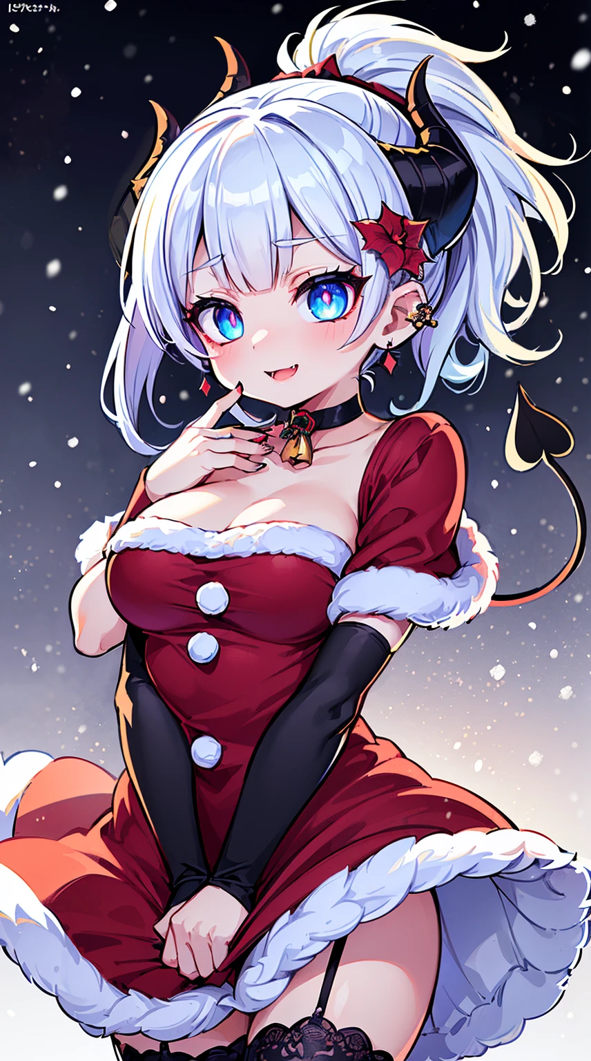 ((( (Winter background), (Snowing), (Christmas theme), (Slutty Santa outfit), ))) BLACKLIGHT, ((NSFW)), ((Medium Boobs)), realistic art, extremely delicate and beautiful, ultra-detailed, (1girl), ((Blue eyes)), floating, detailed light, illustration, dynamic angle, depth of field, ((((milf)))), girly, ((Blue and White hair, multicoloured hair, Blue highlights hair, (Ponytail), hair ornament, hair flower, flower, makeup, braid, smile)), demon eyes, fangs, pale white skin, (((best quality, tall girl, (skindentation), (blur background:0.6), (casual yet stylish, ((Demon Horns)), ), gorgeous, (short hair:1.5), soft lighting, wind, (front light:1.5), surprised, choker, smile, jewelry, earrings))), (ultra high res, best quality,), (8k, raw photo, best quality, masterpiece), technological sense, best quality, masterpiece, illustration,CG ,unity ,wallpaper, official art, Amazing, finely detail, an extremely delicate and beautiful,extremely detailed, highly detailed, sharp focus,rich background, (real person,photograph), ((high detailed skin)), ((( , (crazy eyes:1.3), (wide-eyed:1.2), (glowing eyes), (Demon) ))), (((a close up of a person with a weird face and nails, gothic maiden anime girl, gothic - cyberpunk, cyberpunk horror style, gothic art style, detailed digital anime art, gothic art, demon anime girl, gothic girl face, anime style 4 k, dark art style, anime cyberpunk art, gothic aesthetic, 18 - year - old anime goth girl, gothic horror vibes)))