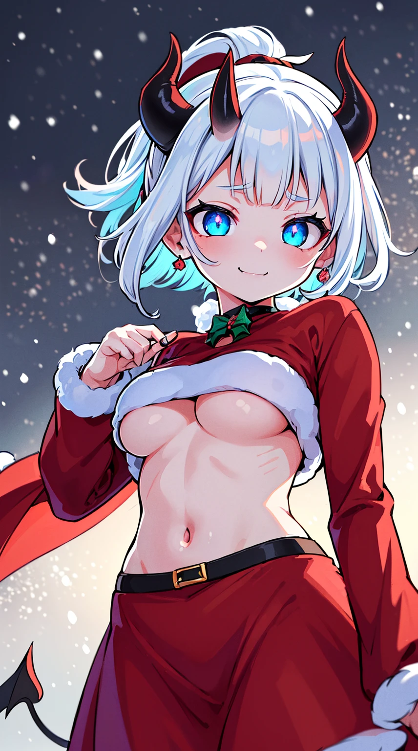 ((( (Winter background), (Snowing), (Christmas theme), (Slutty Santa outfit), ))) BLACKLIGHT, ((NSFW)), ((Medium Boobs)), realistic art, extremely delicate and beautiful, ultra-detailed, (1girl), ((Blue eyes)), floating, detailed light, illustration, dynamic angle, depth of field, ((((milf)))), girly, ((Blue and White hair, multicoloured hair, Blue highlights hair, (Ponytail), hair ornament, hair flower, flower, makeup, braid, smile)), demon eyes, fangs, pale white skin, (((best quality, tall girl, (skindentation), (blur background:0.6), (casual yet stylish, ((Demon Horns)), ), gorgeous, (short hair:1.5), soft lighting, wind, (front light:1.5), surprised, choker, smile, jewelry, earrings))), (ultra high res, best quality,), (8k, raw photo, best quality, masterpiece), technological sense, best quality, masterpiece, illustration,CG ,unity ,wallpaper, official art, Amazing, finely detail, an extremely delicate and beautiful,extremely detailed, highly detailed, sharp focus,rich background, (real person,photograph), ((high detailed skin)), ((( , (crazy eyes:1.3), (wide-eyed:1.2), (glowing eyes), (Demon) ))), (((a close up of a person with a weird face and nails, gothic maiden anime girl, gothic - cyberpunk, cyberpunk horror style, gothic art style, detailed digital anime art, gothic art, demon anime girl, gothic girl face, anime style 4 k, dark art style, anime cyberpunk art, gothic aesthetic, 18 - year - old anime goth girl, gothic horror vibes)))