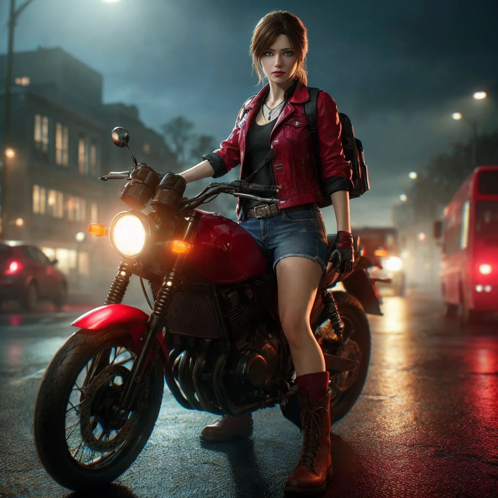 (Claire Redfield:1.1), (perfect facial features:1.1), (belos olhos detalhados, beautiful detailed lips, olhos e rosto extremamente detalhados, long eyelashes), (fotorrealista:1.37), (ultra-detalhado, Realistic), (retrato, horror), (vivid colors), (studio lighting), (tons de cores sutis), (foco nítido), (Bokeh) Textura ultrarrealista