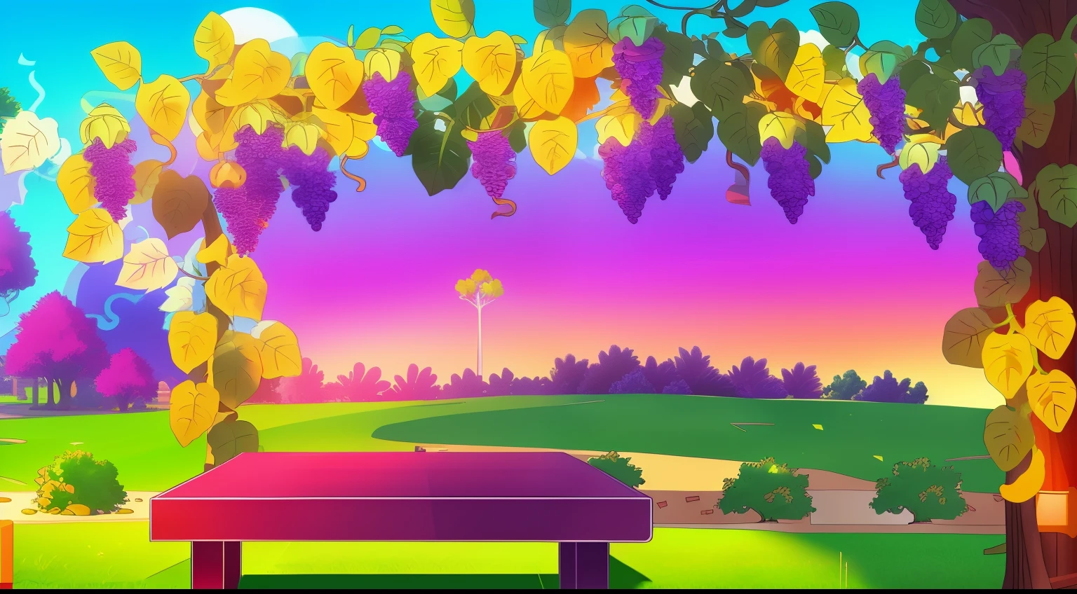There is a table,There is a bunch of grapes on it, Park background, Sunny park background, park in background, Garden background, royal garden background, 2d game background, 2D game art background, flying trees and park items, foamy landscape, vine、plants and flowers, random background scene, scenery background, mobile game background, 2 d CG, against a scenic background,2D,The color tone is simple,Consistent style
