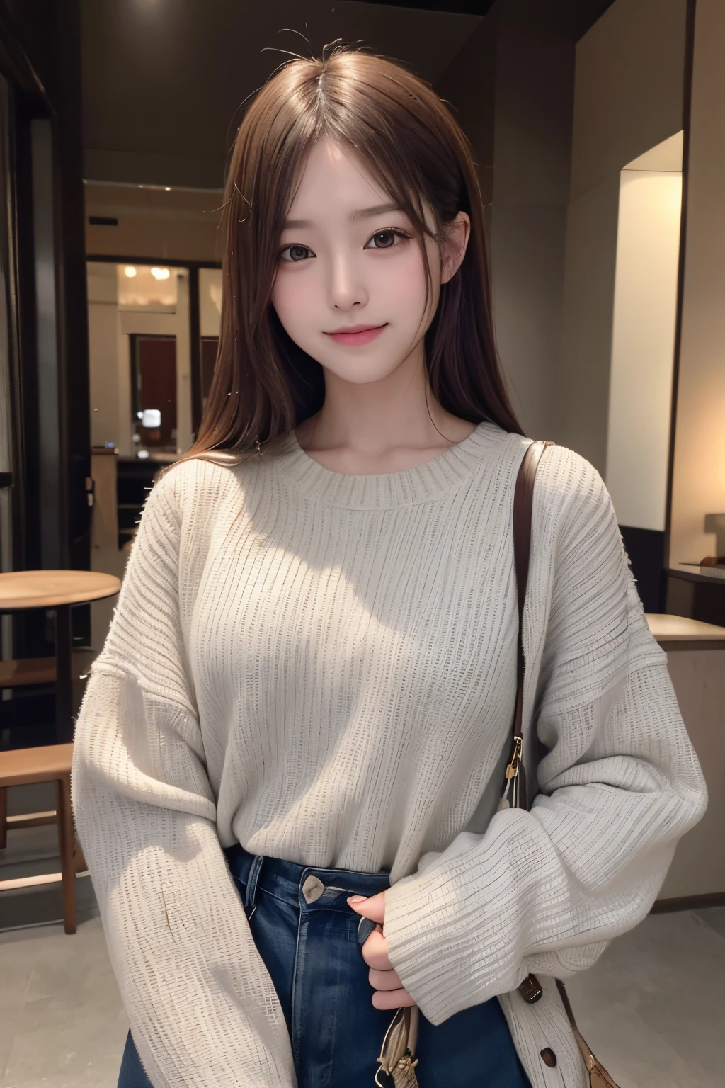 masterpiece, The highest image quality, hightquality, beautiful a girl, japanes, Japan schoolgirl, Popular Korean Makeup,Sweater that kills virgins、 detaileds, Swollen eyes, A detailed eye, Detailed skin, Beautiful skins, 超A high resolution, (现实:1.4), very extremely beautiful, Slightly younger face, Beautiful skins, slender, (A hyper-realistic), (hight resolution), (8K), (beautifully detailed eyes), (ultra-detailliert), (wall-paper), (详细的脸), looking at the viewers, finely detail、A detailed face、pureerosfaceace_v1、A smile、Looking straight ahead、Looking straight ahead、angle from waist up、photos realistic、Bright lighting、length hair、Winter City