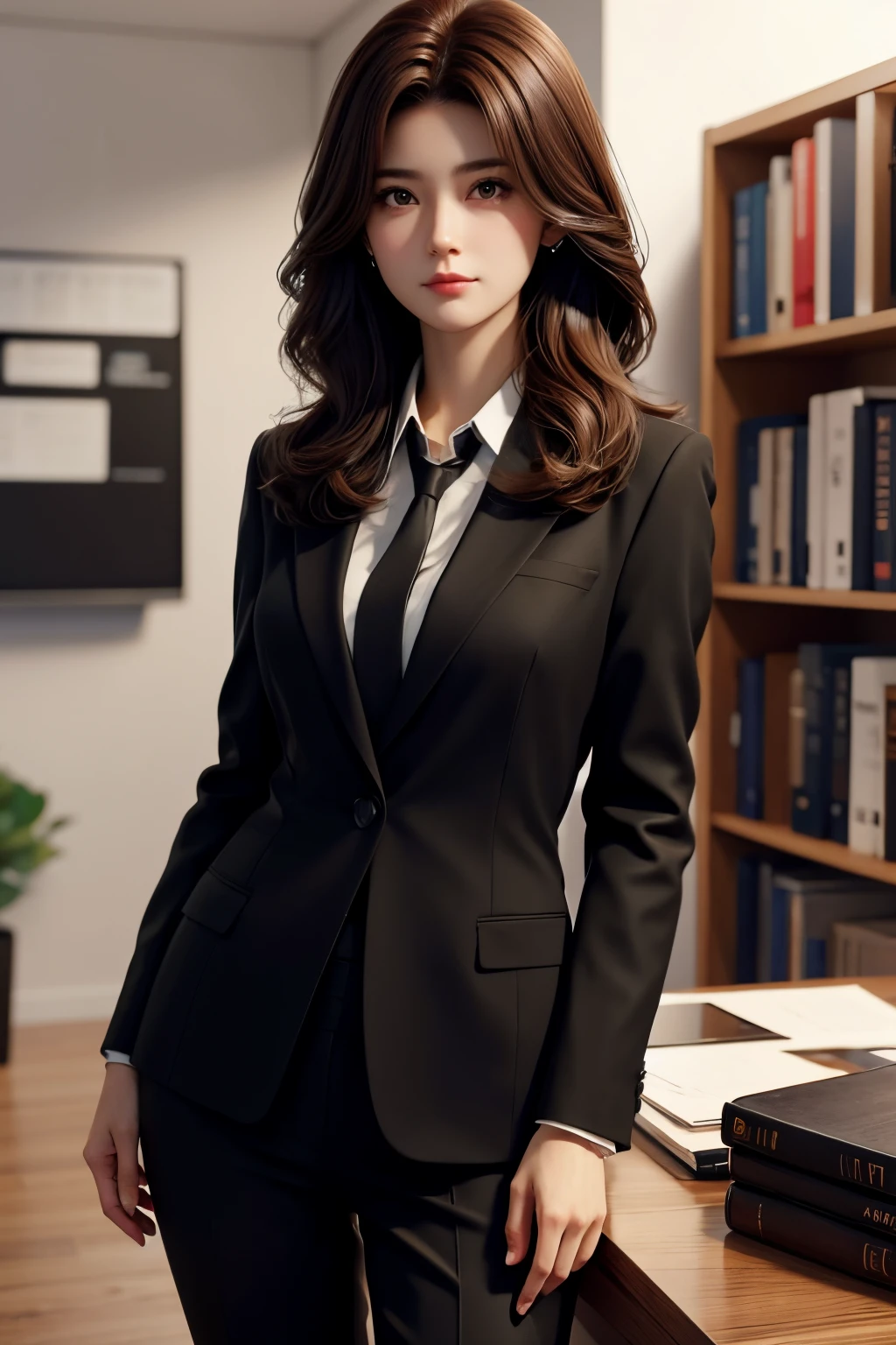 Brown hair, brown eyes, black office suit, high quality,8k,