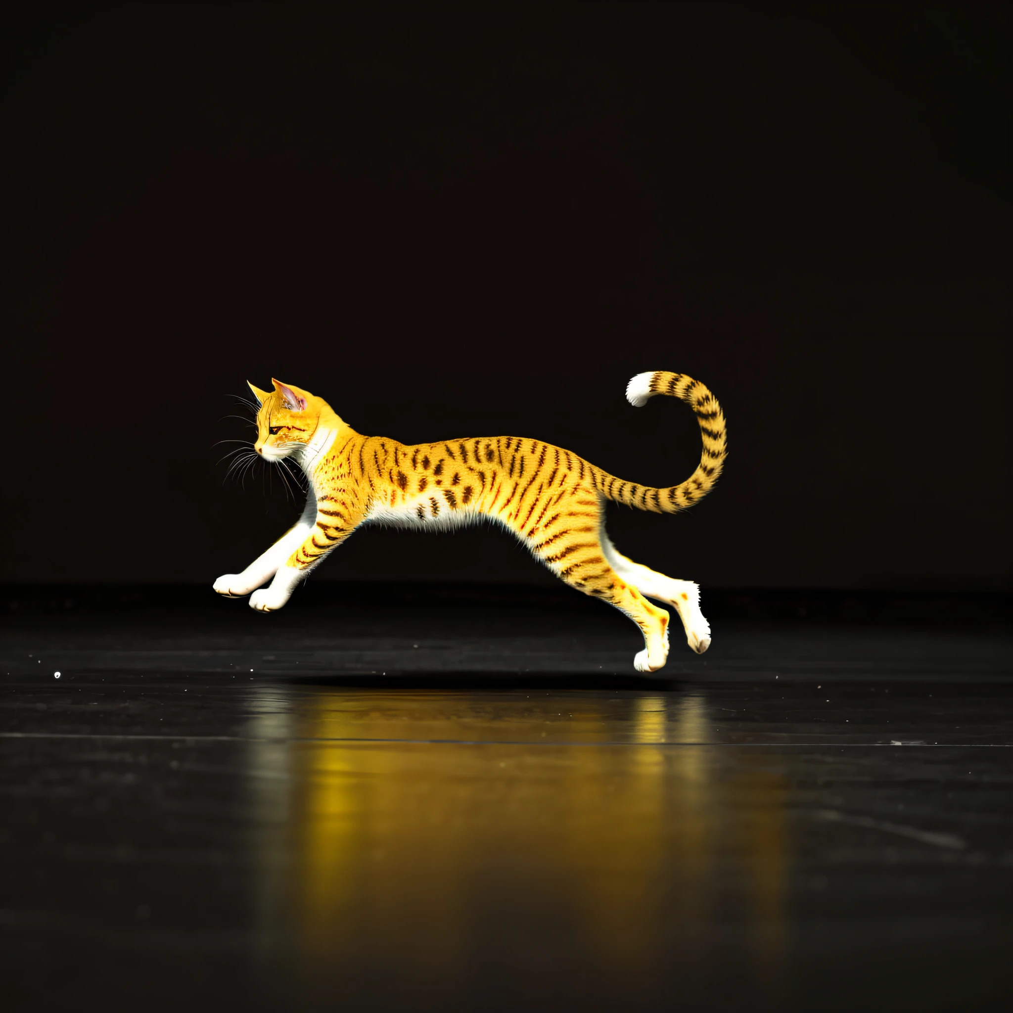 A cute yellow cat,lateral jump,the sideview,white backgrounid