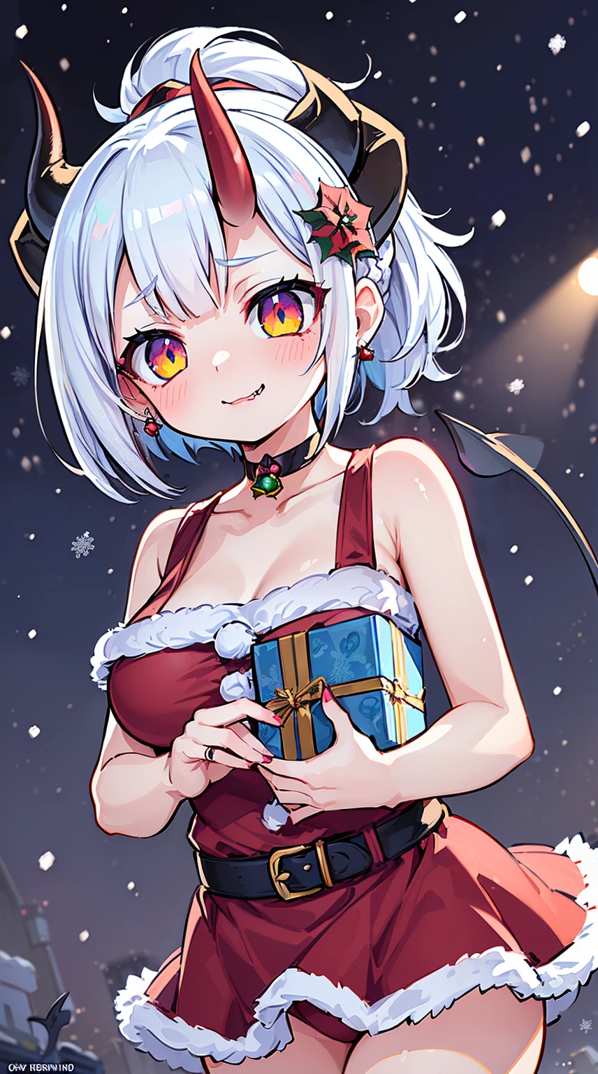 ((( (Winter background), (Snowing), (Christmas theme), (Slutty Santa outfit), ))) BLACKLIGHT, ((NSFW)), ((Medium Boobs)), realistic art, extremely delicate and beautiful, ultra-detailed, (1girl), ((Blue eyes)), floating, detailed light, illustration, dynamic angle, depth of field, ((((milf)))), girly, ((Blue and White hair, multicoloured hair, Blue highlights hair, (Ponytail), hair ornament, hair flower, flower, makeup, braid, smile)), demon eyes, fangs, pale white skin, (((best quality, tall girl, (skindentation), (blur background:0.6), (casual yet stylish, ((Demon Horns)), ), gorgeous, (short hair:1.5), soft lighting, wind, (front light:1.5), surprised, choker, smile, jewelry, earrings))), (ultra high res, best quality,), (8k, raw photo, best quality, masterpiece), technological sense, best quality, masterpiece, illustration,CG ,unity ,wallpaper, official art, Amazing, finely detail, an extremely delicate and beautiful,extremely detailed, highly detailed, sharp focus,rich background, (real person,photograph), ((high detailed skin)), ((( , (crazy eyes:1.3), (wide-eyed:1.2), (glowing eyes), (Demon) ))), (((a close up of a person with a weird face and nails, gothic maiden anime girl, gothic - cyberpunk, cyberpunk horror style, gothic art style, detailed digital anime art, gothic art, demon anime girl, gothic girl face, anime style 4 k, dark art style, anime cyberpunk art, gothic aesthetic, 18 - year - old anime goth girl, gothic horror vibes)))