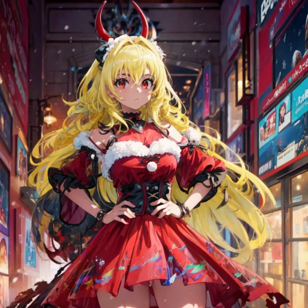 Yami the Golden Darkness wearing SFW red christmas outfit, hands on hips,1girl, messy long yellow hair, cute red eyes, amazing beauty and incredible presence, dynamic pose, delicate face, beautiful red eyes, content facial expression, 8k high detail, very detailed, anatomically correct, digital painting, concept art, Shinkai Makoto art style, clear picture, snowy village, full-body portrait, super fine drawing, best quality, 8K super high resolution, 2D anime masterpiece